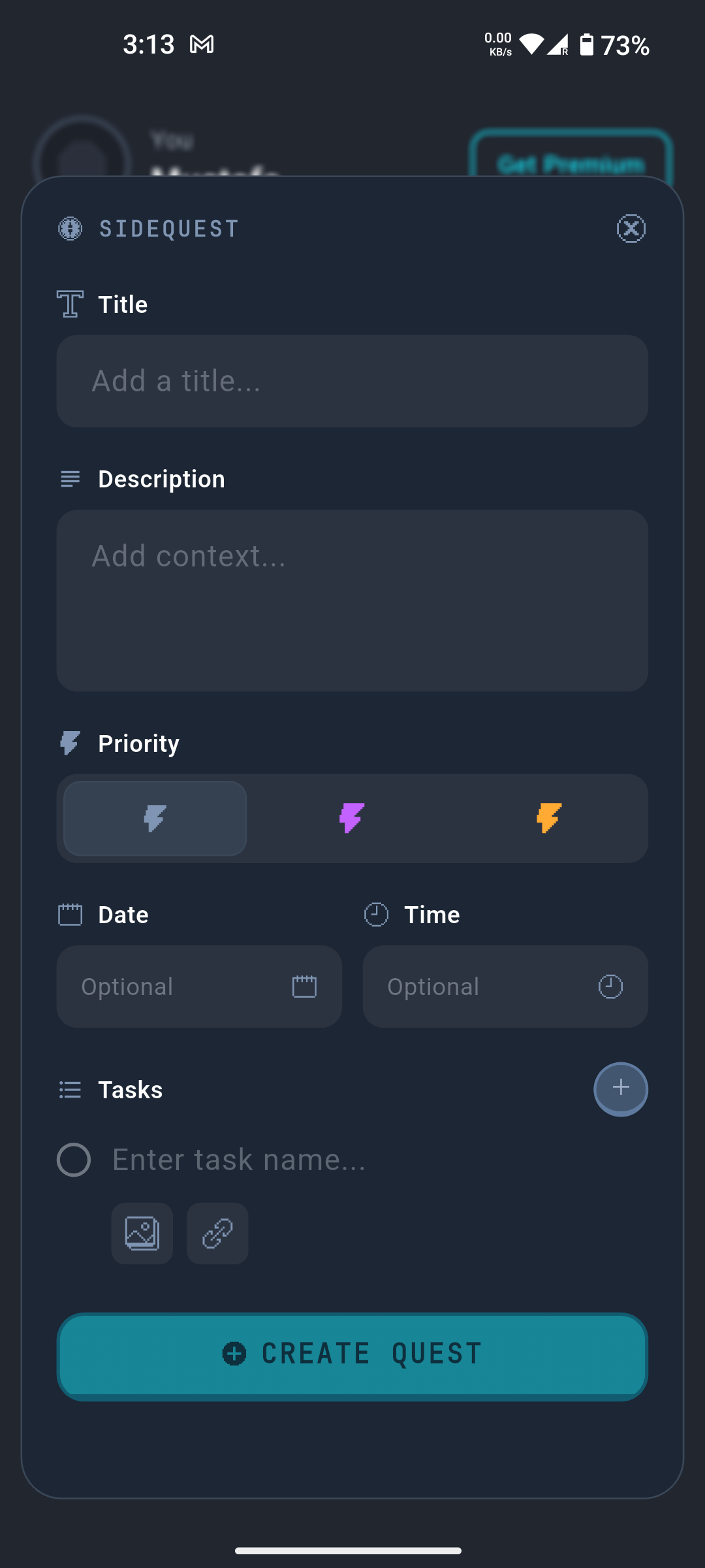 Create quest form with title, priority, and subtasks