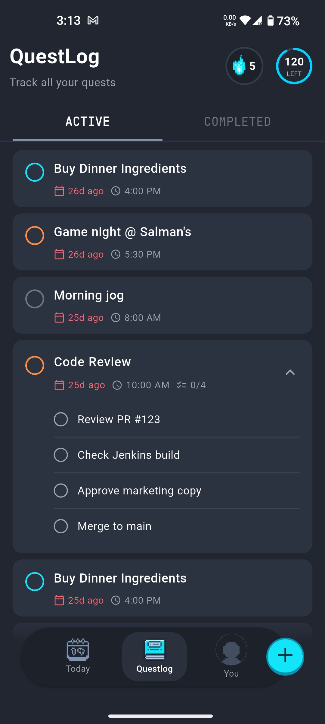 QuestLog showing active quests with subtasks