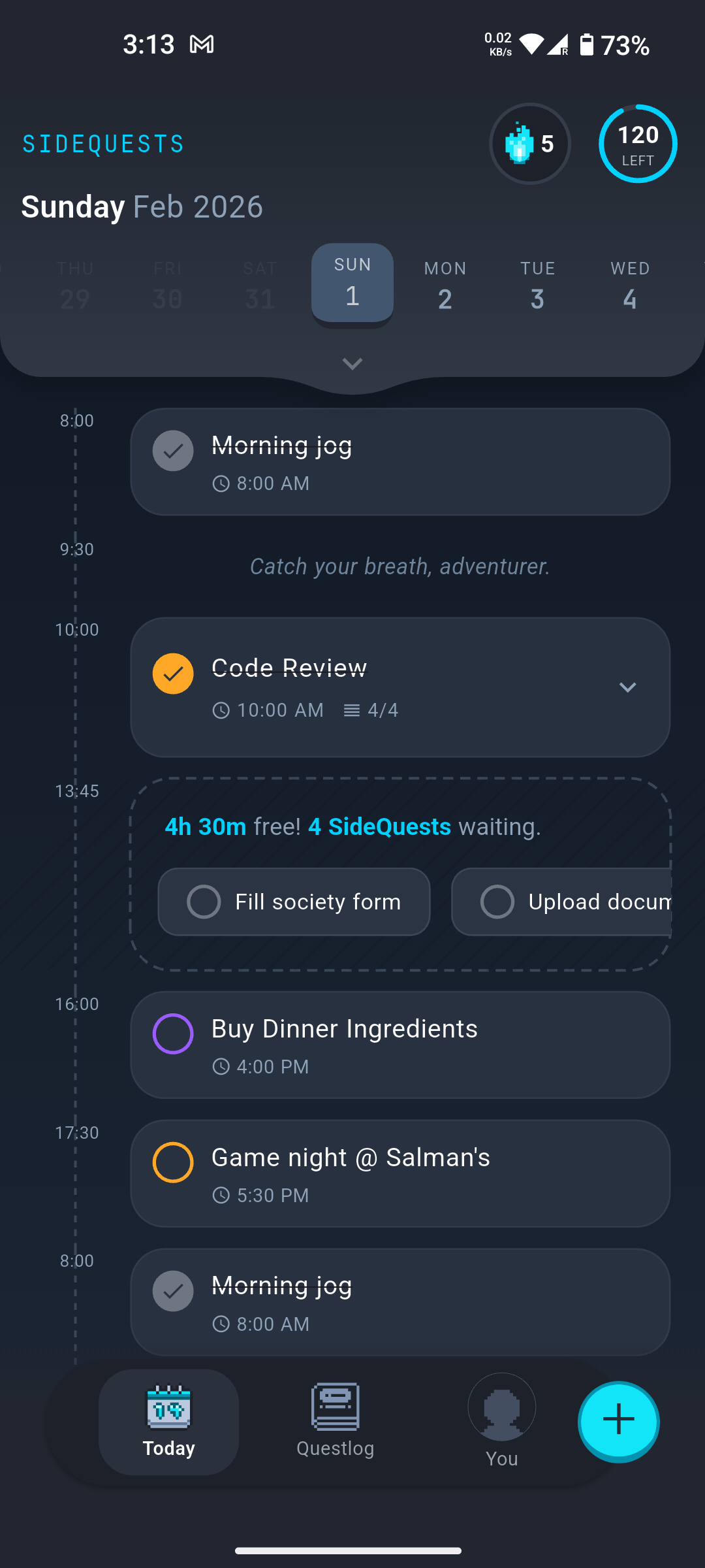 Sidequests Today tab showing daily quest timeline